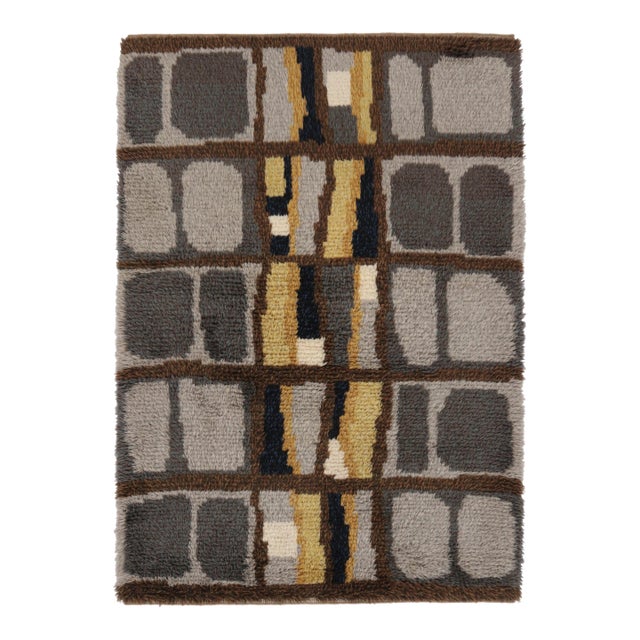 Vintage Swedish Rya Rug With Gray and Brown Geometric Grid - Rug & Kilim For Sale