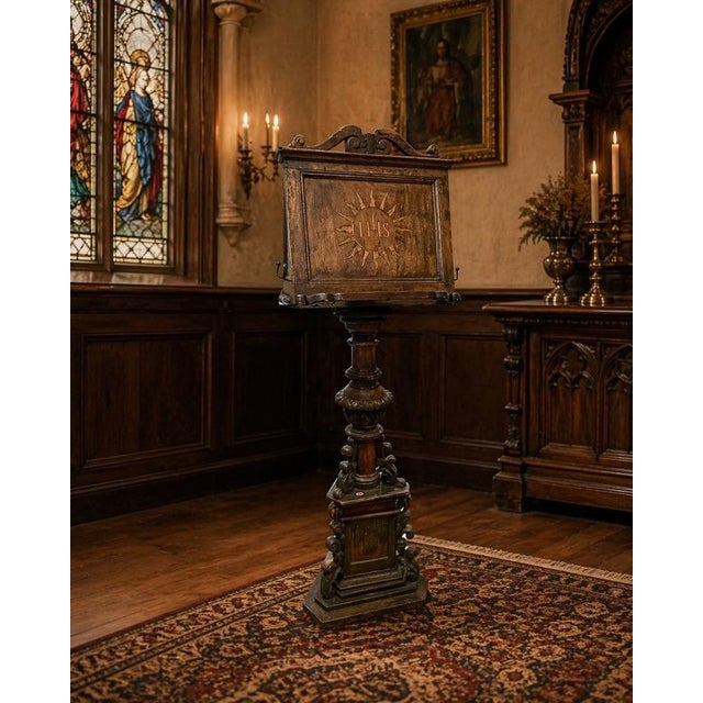 Antique European Carved & Polychrome Wood Ecclesiastical Lectern With Ihs Christogram For Sale - Image 16 of 16