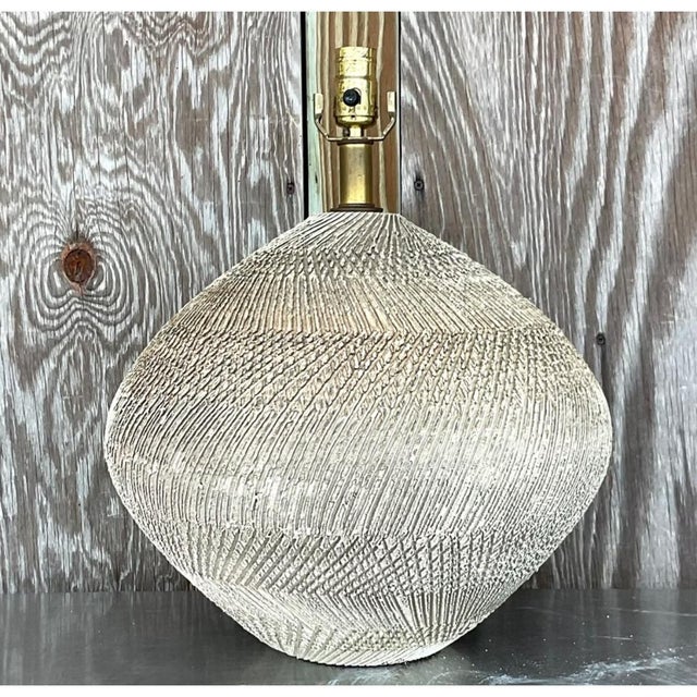 Greige Vintage Scored Ceramic Table Lamp For Sale - Image 8 of 12