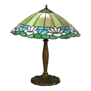 Arts & Crafts Handel School Leaded Stained Glass Water Lily Table Lamp C1920 For Sale