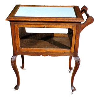 Antique Solid Oak Vitrine Cabinet Serving Bar Tea Cart Trolley For Sale