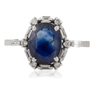 Victorian Style 2Ct Oval Blue Sapphire & Diamond Ring Size 6.5 in 14k Gold For Sale