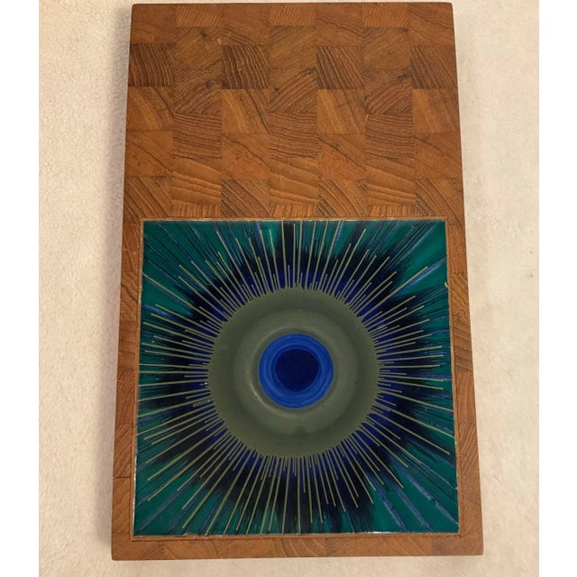 A spectacular Vintage Rako Calibrage Special Tile made in Czechoslovakia, mounted in Denmark teak cutting board, circa...