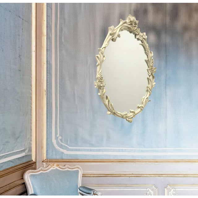 Late 20th Century Vintage Carolina Mirror, Cream Oval Floral & Leaf Wall Mirror With Gold Highlights For Sale - Image 5 of 14
