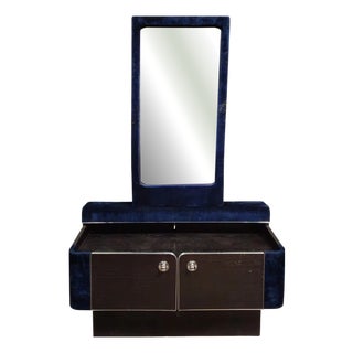 Art Deco Dressing Table with Mirror Blue Velvet, 1930s For Sale