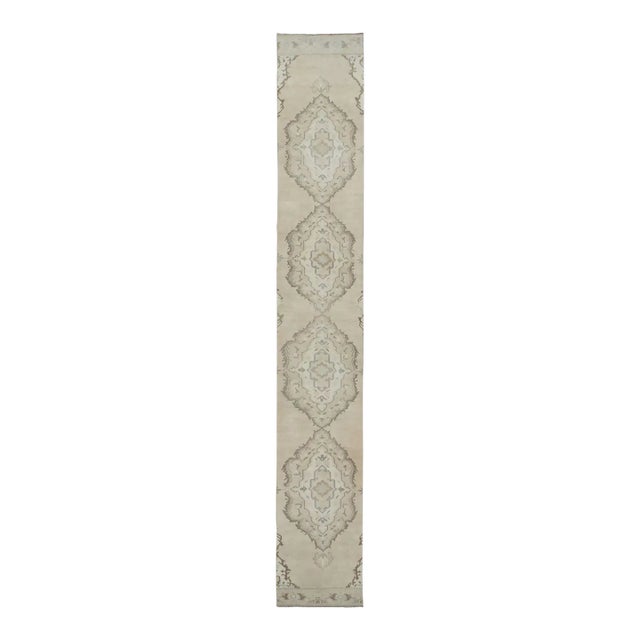 Vintage Turkish Extra-Long Runner With Ornate Medallion Set in Beige - Rug & Kilim For Sale