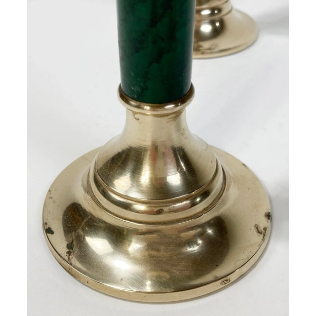 Vintage Brass and Faux Malachite Candlestick Holder Pair For Sale In Kansas City - Image 6 of 6