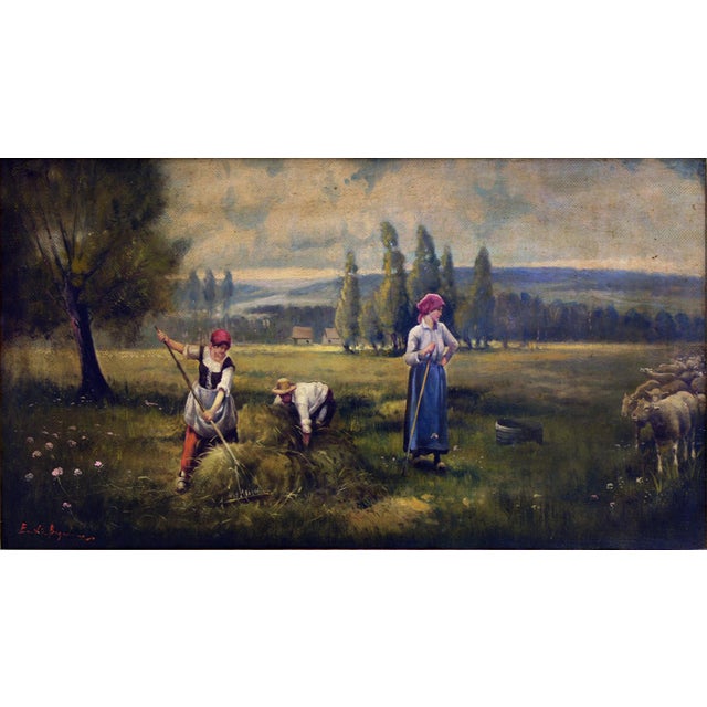 Italian pastoral landscape painted in oil on canvas by Emilio Pergola, depicting a serene rural scene with figures engaged...