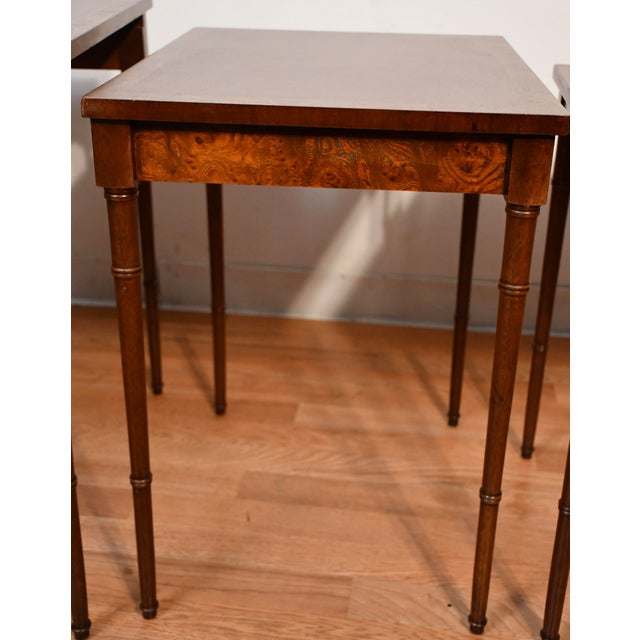 1960s 1960s Vintage Baker Furniture English Mahogany Burl Wood Nesting Tables Tiered Set For Sale - Image 5 of 13