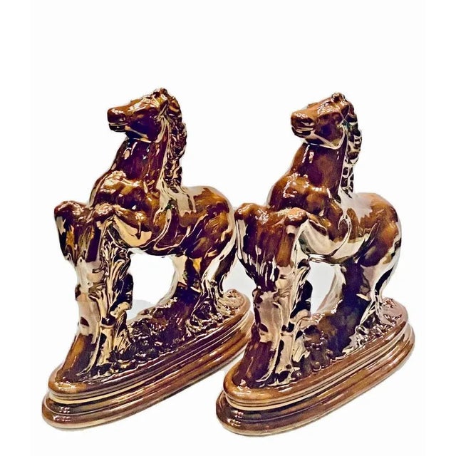 Copper Antique Staffordshire Copper Luster Rearing Stallion Mantle Figurines, Circa 1910 For Sale - Image 8 of 11