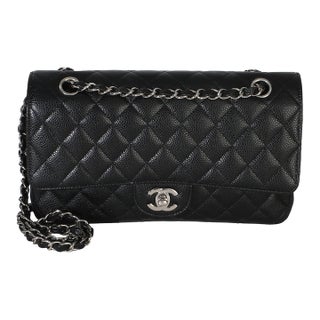 Black Quilted Caviar Medium Classic Double Flap Bag For Sale