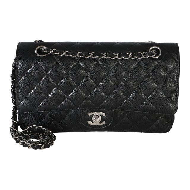 Black Quilted Caviar Medium Classic Double Flap Bag For Sale
