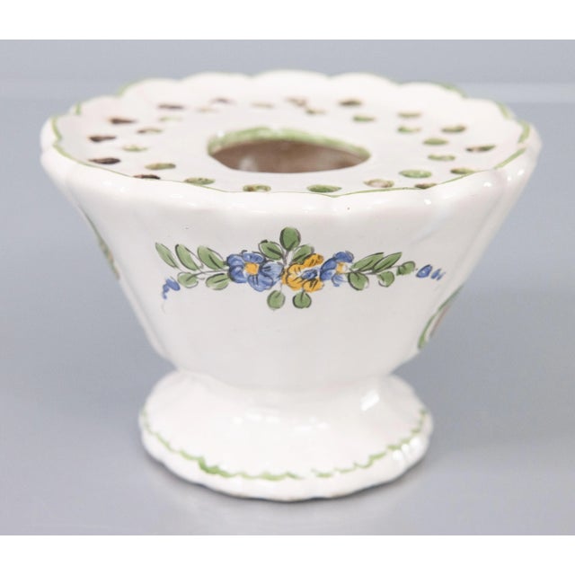 A lovely antique French faience Moustiers bouquetière flower frog vase, circa 1890. Maker's mark on reverse. This...
