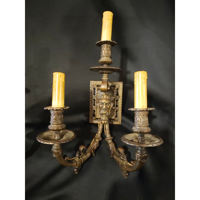Traditional Late 19th Century French Renaissance Revival Bronze Mascaron Three-Light Wall Sconces - a Pair For Sale - Image 3 of 9