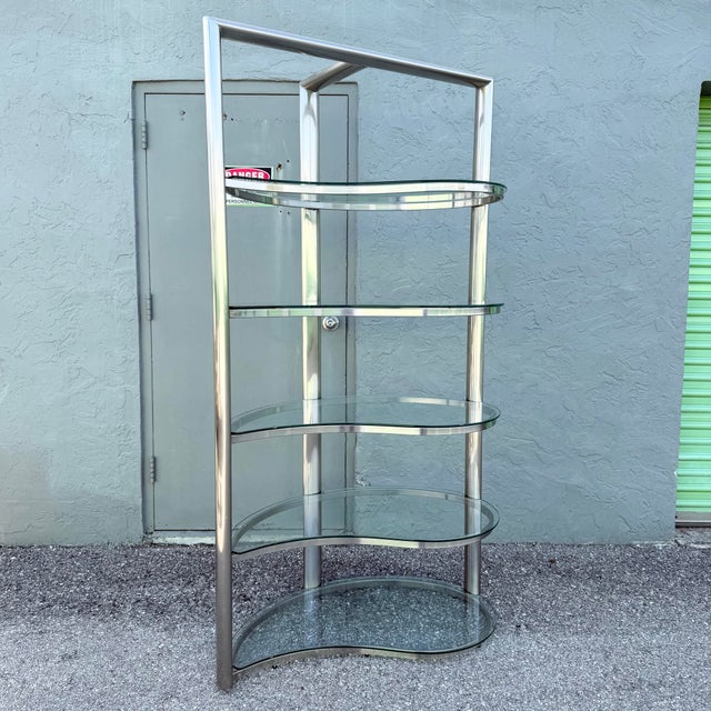 Postmodern Postmodern Sculpted Brushed Metal Etagere/Bookshelf With Tear Drop Glass Shelves For Sale - Image 3 of 12