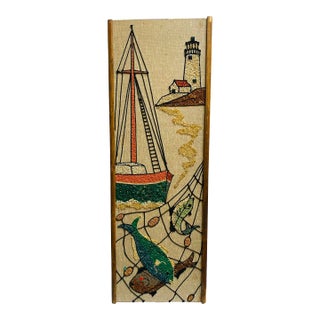 Mid Century 1960’s Pebble Mosaic Textile Art Coastal Wall Hanging on Linen For Sale
