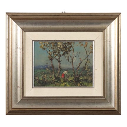 Lorenzo Gignous, Peasant at Work, 20th Century, Oil on Board, Framed For Sale