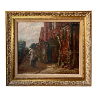 Early 20th Century Neoclassical European Community Life Village Scene Oil Painting For Sale