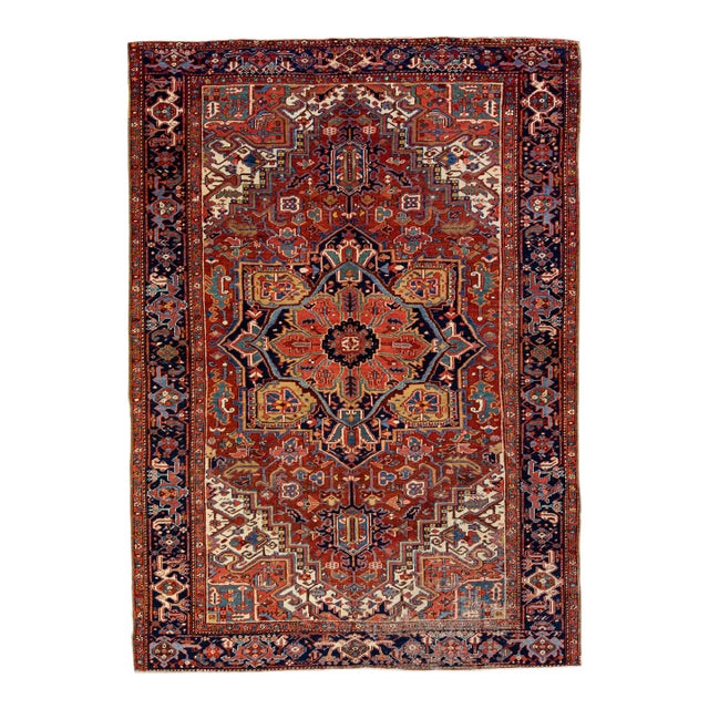 Antique Persian Heriz Handmade Wool Rug With Multicolor Medallion Design For Sale