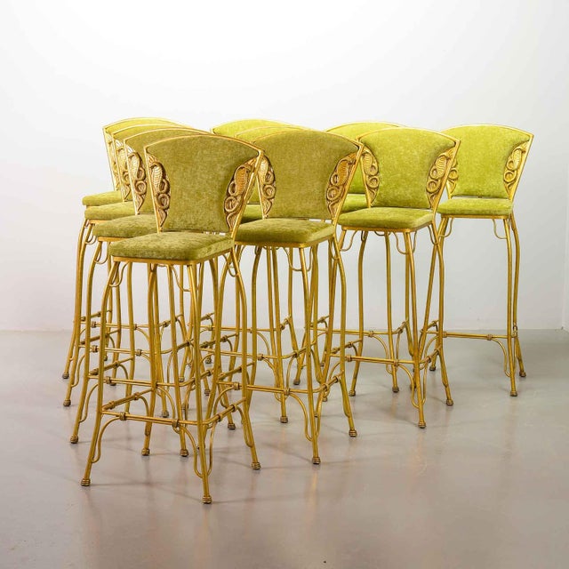 Gold Gilded Cobra Bar Stools with Fresh Lime Green Velvet Upholstery, 1970s, Set of 6 For Sale - Image 8 of 9