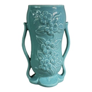 1940s 7.5 Inch Luster Green Floral Vase. Double-Handled Mid-Century Modern Period. For Sale