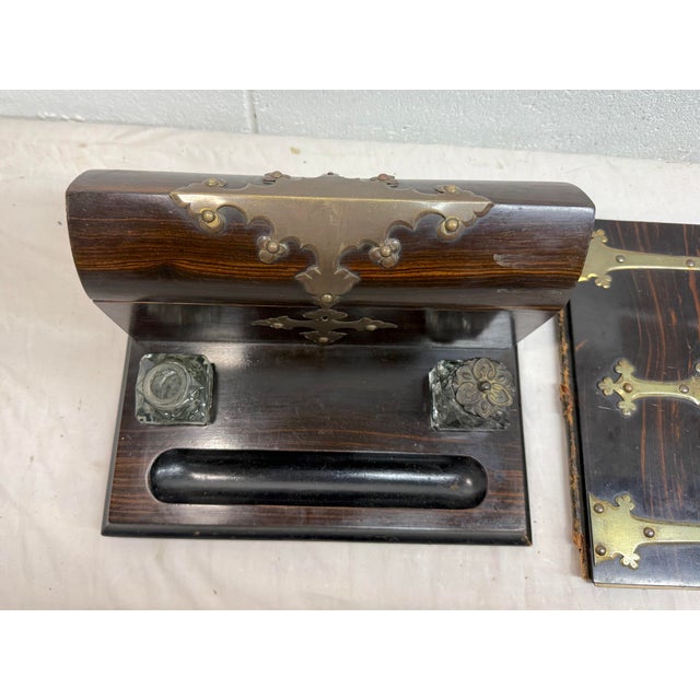 Antique 19th Century Brass Wood English Inkwell Letter Pen Stand Writing Book For Sale - Image 11 of 14