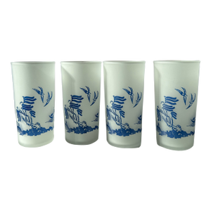 Vintage Blue Willow Pagoda Chinoiserie Frosted Glass Tumblers; Set of Four
