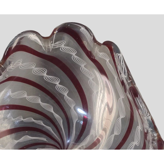 Glass Mid 20th Century Venetian Attributed Murano Latticino Ruby Red White Ribbons Heavy Free Form Art Glass Bowl Tray For Sale - Image 7 of 8