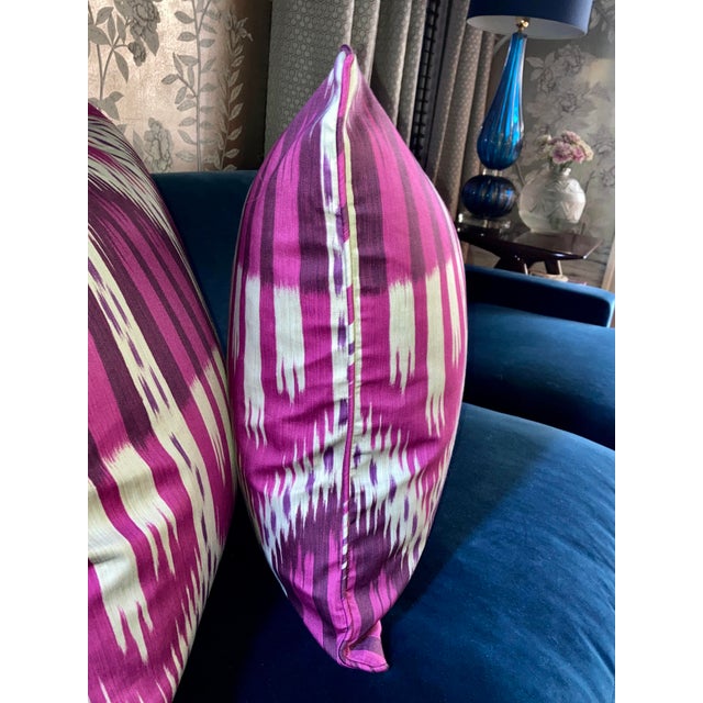 Pair of 20" Custom Pillows in Schumacher Bukhara Ikat Fuchsia, Pattern 176082 For Sale - Image 13 of 18