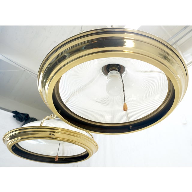 Stiffel Pair of Round Brass Ribbed Glass Long Chain Light Fixture Pendants MCM For Sale - Image 4 of 12