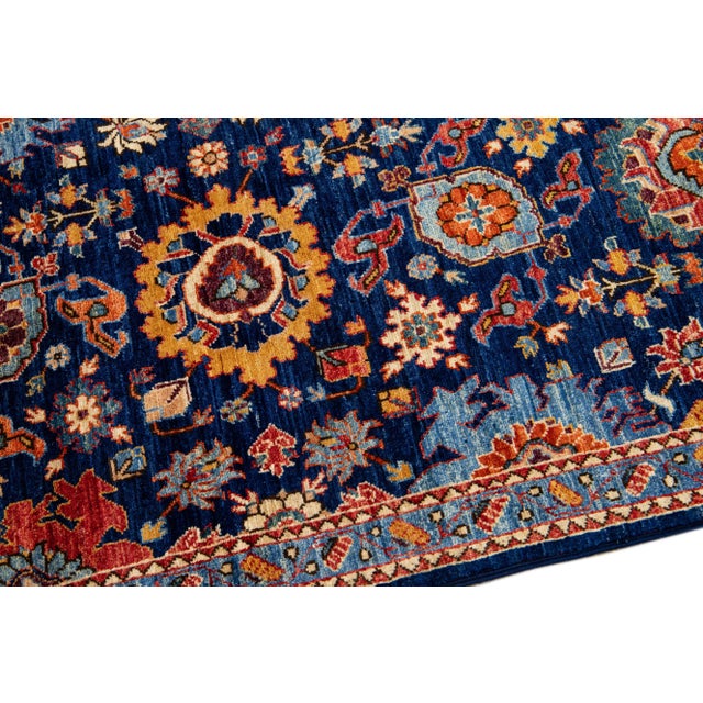 2010s Modern Bidjar Style Handmade Floral Designed Blue Scatter Wool Rug For Sale - Image 5 of 10