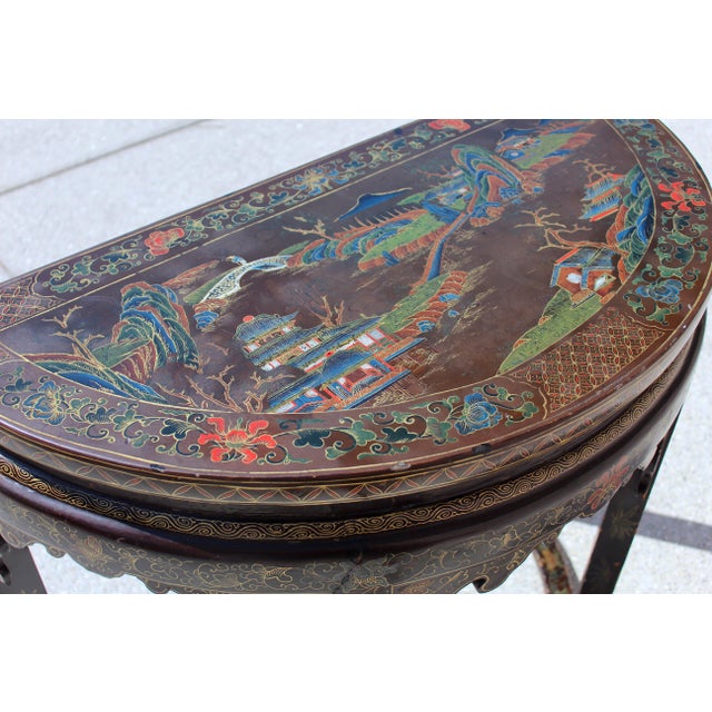 Antique 19th Century Chinese Brown Lacquer Demi-Lune Console Table | Hand-Painted Gilt Decor For Sale - Image 11 of 17