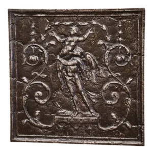 18th Century French Polished Iron Fireback With Allegoric Scene