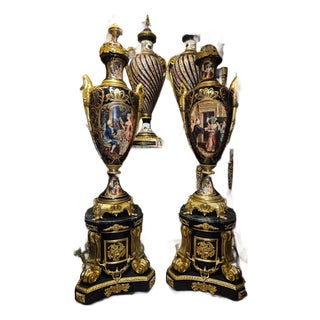 Sevres-Style Porcelain Vases with Pedestals Hand-Painted Gilt Bronze, Pair For Sale