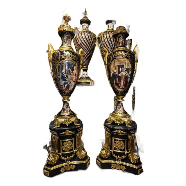 Sevres-Style Porcelain Vases with Pedestals Hand-Painted Gilt Bronze, Pair For Sale