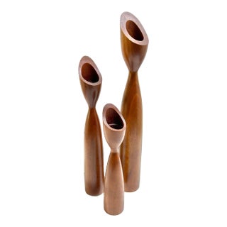1990s Signed Danish Modern Teak Tulip Candle Holders Sculptural Set of 3 For Sale