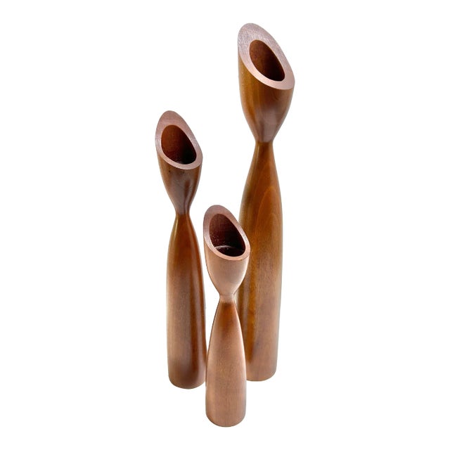 Signed MCM Danish Teak Tulip Candle Holders – Set of 3 For Sale