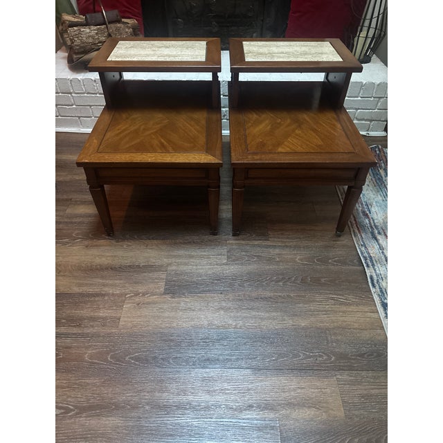 Brown 1950s Mid-Century Modern Stepped End Tables by Gordon’s Inc. W/ Italian Travertine (Pair) For Sale - Image 8 of 12