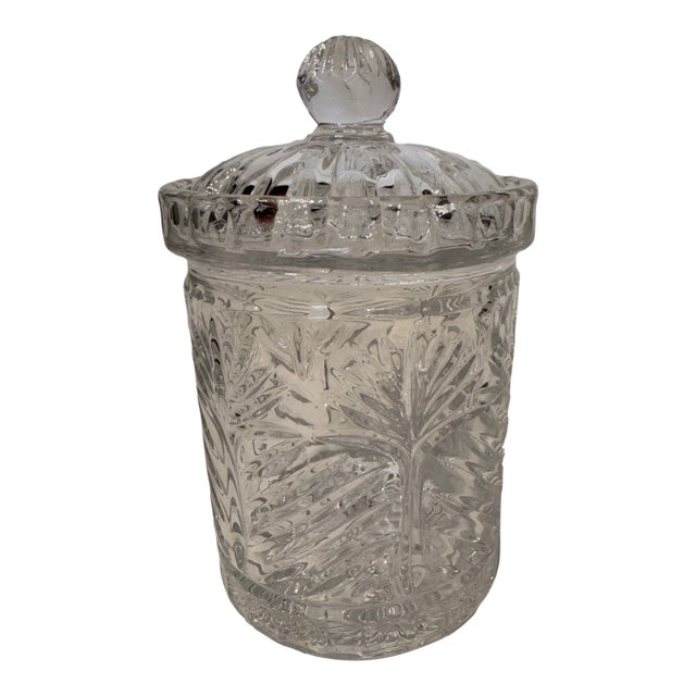 Vintage Pressed Glass Biscuit Jar With Lid – Cut Crystal Style Candy Jar (In the Style of Traditional Cut Crystal Patterns) For Sale