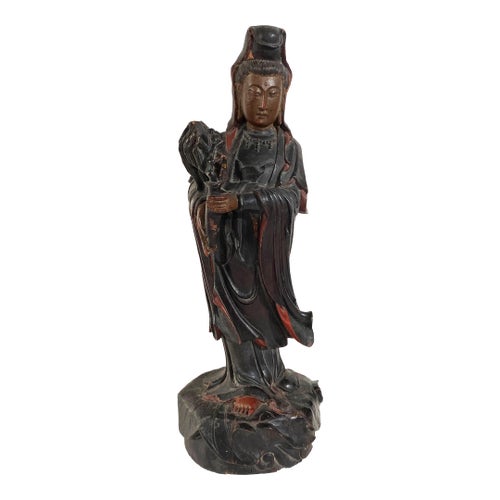 1920 Hand Carved Wood Chinoiserie Goddess Guan Yin