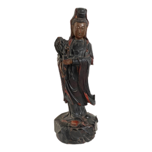 1920 Hand Carved Wood Chinoiserie Goddess Guan Yin