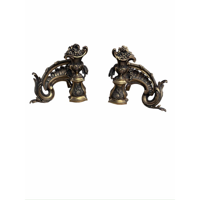 Metal Antique French Rococo Revival Bronze Chenets Andirons – Pair For Sale - Image 7 of 11