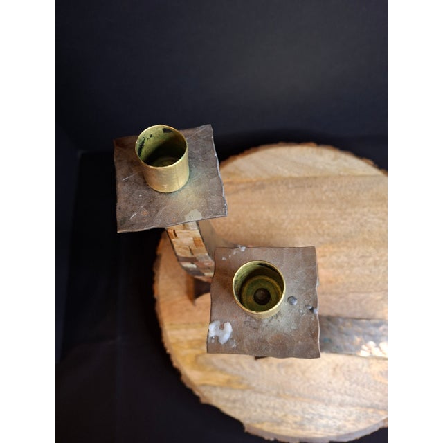 Vintage Mid-Century Eilon Mosaics Hand-Hammered Copper & Holy Land Stone Shofar Candlesticks For Sale - Image 11 of 15