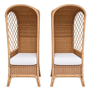 Pair Mid 20th Century of Hooded Tall Back Wicker Chairs For Sale