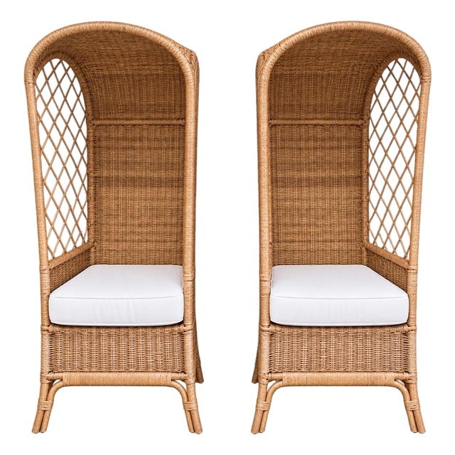Pair Mid 20th Century of Hooded Tall Back Wicker Chairs For Sale