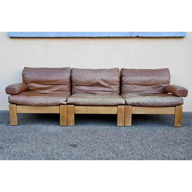 Modular Sofa and Chairs in Wood and Leather with Coffee Table, 1960s, Set of 6 For Sale - Image 6 of 18