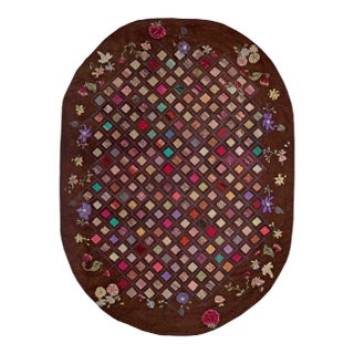 1920s Brown Diamond Folk Art Antique Oval American Hooked Rug 7'8" X 10'6" Handknotted Wool Carpet For Sale
