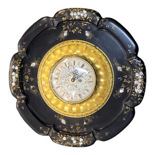 19th C English French Black Papier Mache, Shell and Gold Gilt Wall Clock For Sale