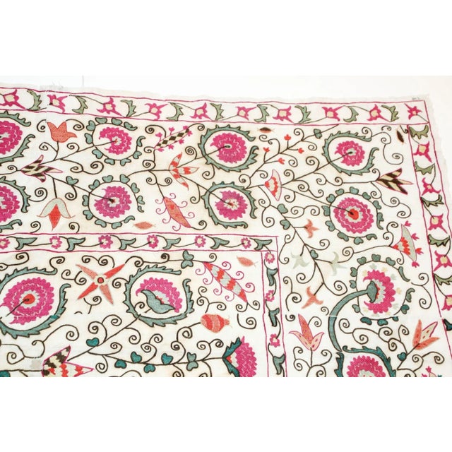 Light Green 19th C. Suzani Bukhara Uzbekistan Antique Embroidered Islamic Art Textile Susani For Sale - Image 8 of 13