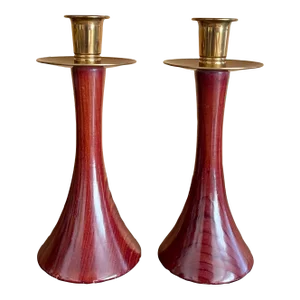 1960s Pair of Vintage Mid-Centry Redwood and Brass Candlesticks